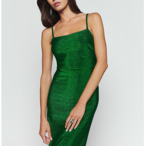 NWT Reformation Breslin Midi Dress - Emerald Sparkle Knit Stretchy Holiday - Picture 2 of 9